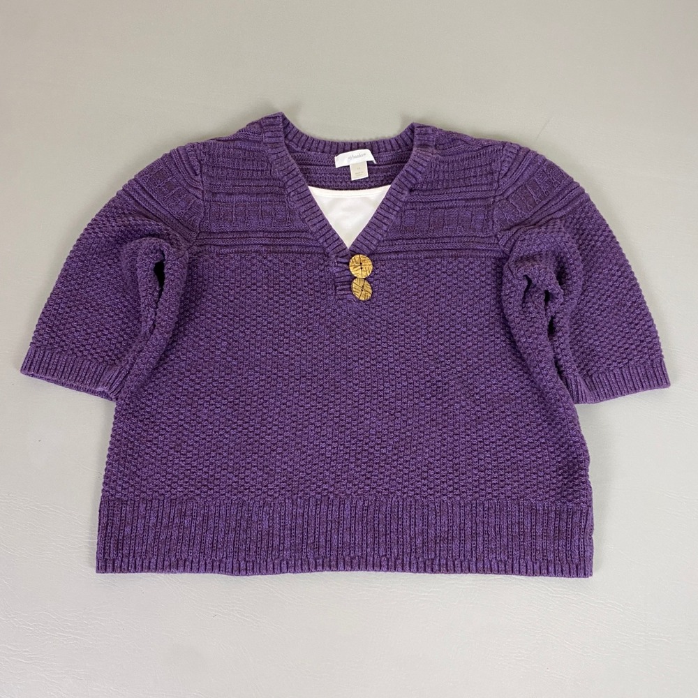 CJ Banks Cropped Sweater Plus Size 1X Purple Textured‎ Knit  V-Neck 3/4 Sleeve